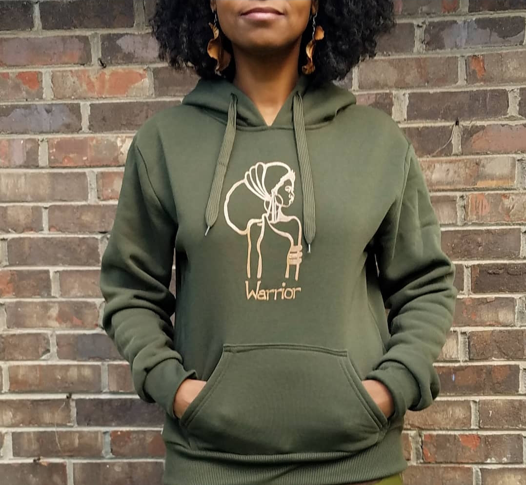 The Warrior Hoodie in Olive Green with khaki design - Yes Lioness Arts
