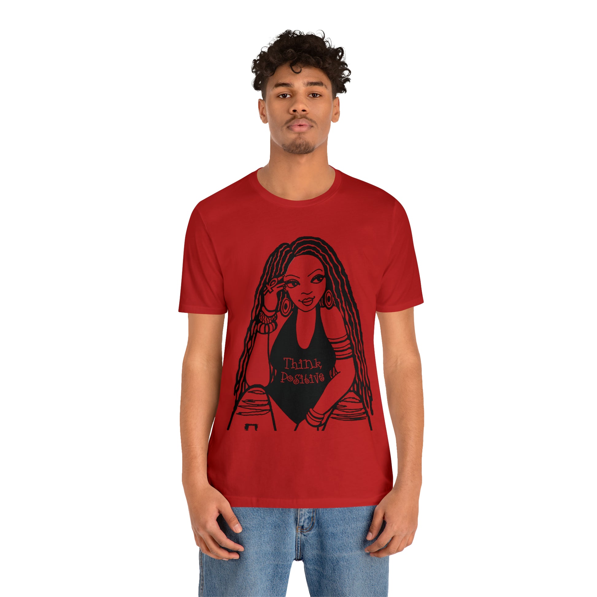 Think Positive T-Shirt with Locs Unisex Jersey Short Sleeve Tee - Yes Lioness Arts