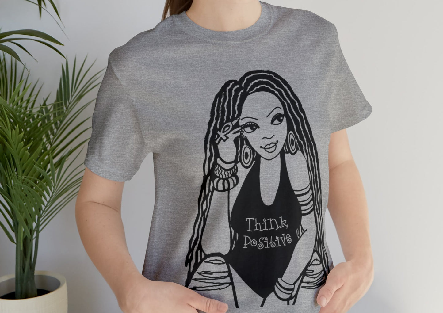 Think Positive T-Shirt with Locs Unisex Jersey Short Sleeve Tee - Yes Lioness Arts