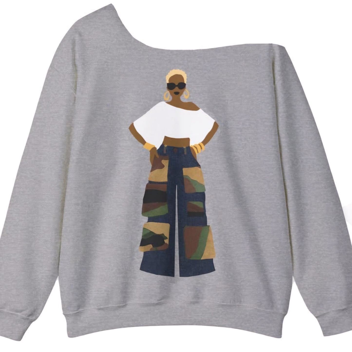 The Camo Cargo Queen BLONDE Hair Unisex Crewneck Sweatshirt OFF THE SHOULDER