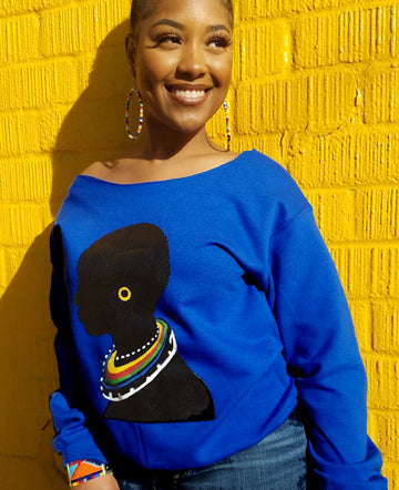 The "Tribal" Wide Scoop Neck Sweatshirt in Royal Blue