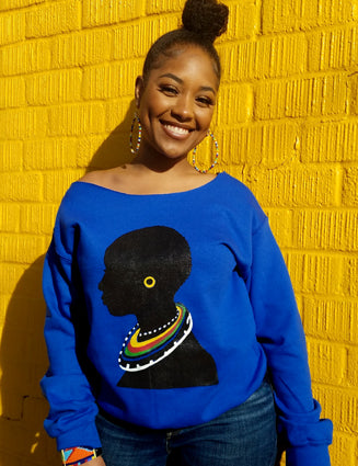 The "Tribal" Wide Scoop Neck Sweatshirt in Royal Blue