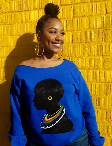 The "Tribal" Wide Scoop Neck Sweatshirt in Royal Blue