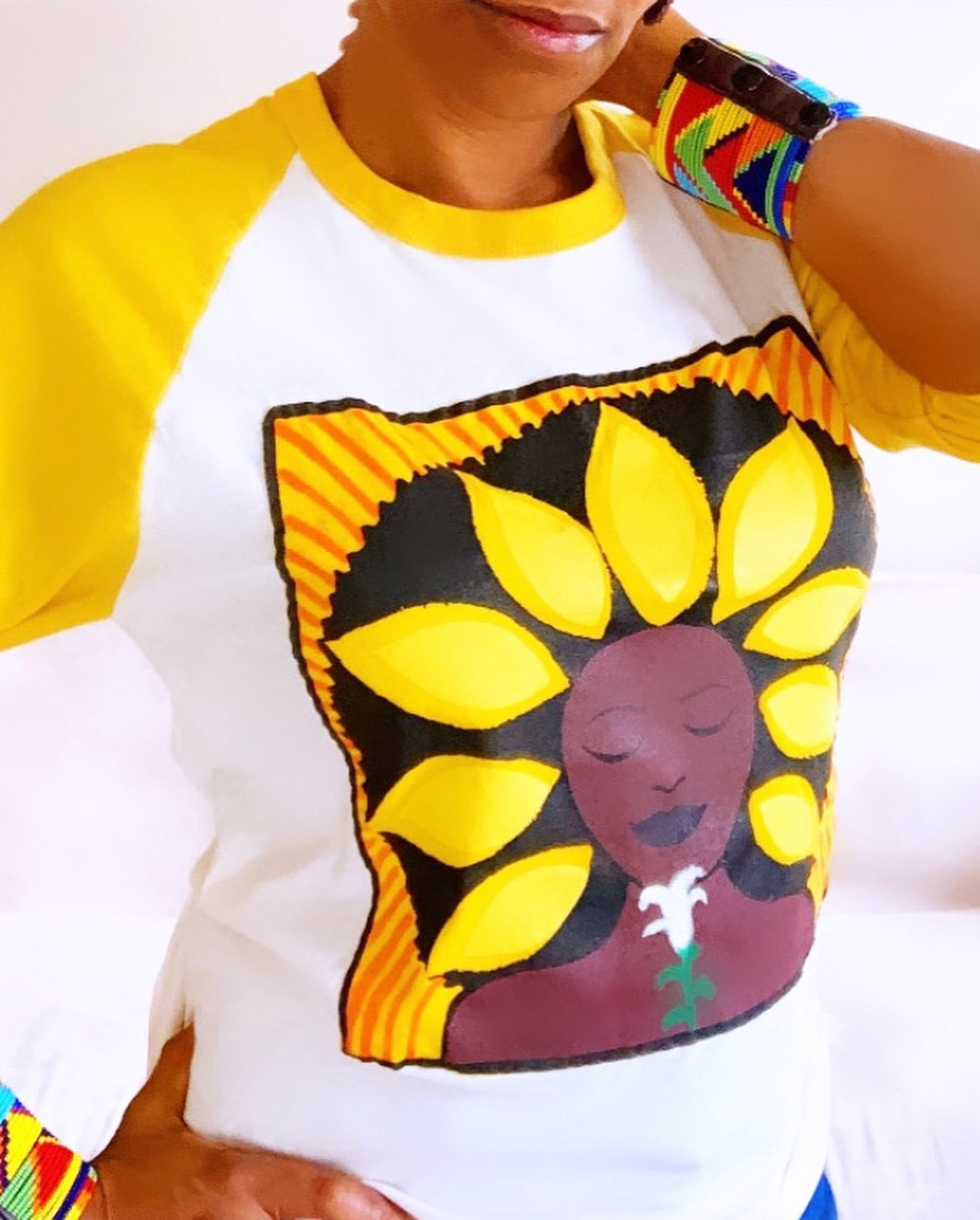 The Sunflower Baseball Tee in Yellow Gold and Creme (off white)