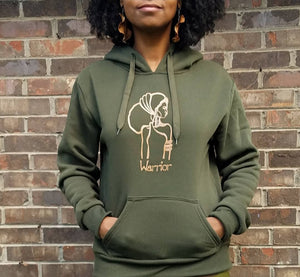 The Warrior Hoodie in Olive Green with khaki design