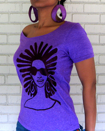 The Afro Locs Wide Scoop Neck T-shirt in Heather Purple